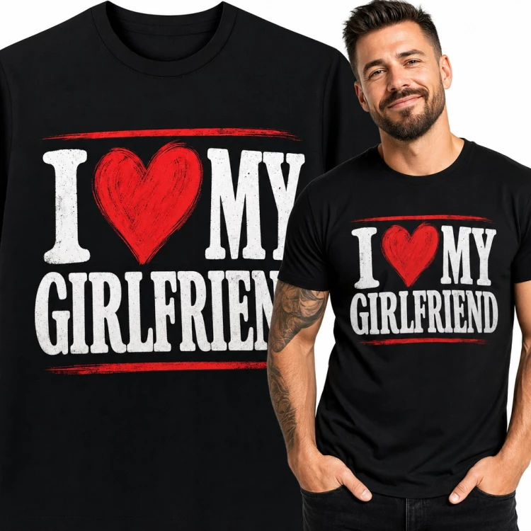 Koszulka męska „I ♥ My Girlfriend” - czerwone serce na walentynki