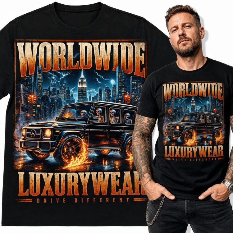 Koszulka męska „Worldwide Luxurywear” - terenówka ze szkieletami i płonącymi kołami