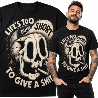 Koszulka męska z czaszką w czapce z daszkiem „Life's too short to give a shit”