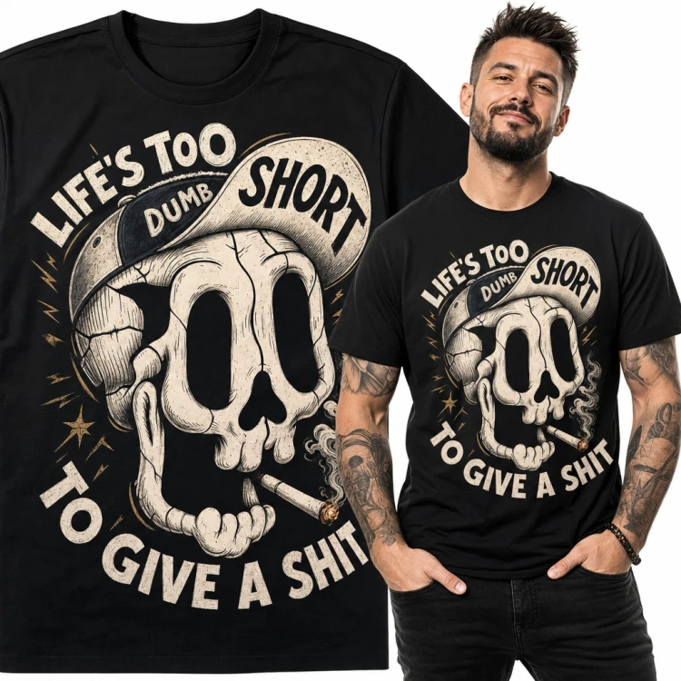 Koszulka męska z czaszką w czapce z daszkiem „Life's too short to give a shit”