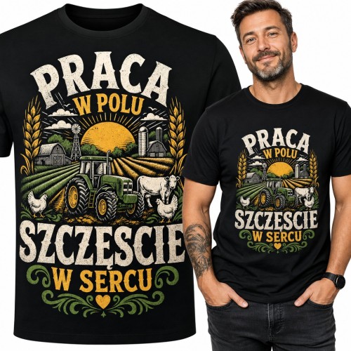 Koszulka męska dla rolnika z traktorem i gospodarstwem - „Praca w polu, szczęście w sercu”