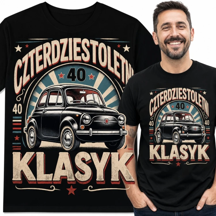 Koszulka męska „Czterdziestoletni klasyk” na 40 urodziny - retro samochód