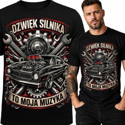 Koszulka męska „Dzwięk silnika to moja muzyka” - muscle car z kluczami dla mechanika