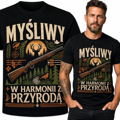 Koszulka męska „Myśliwy w harmonii z przyrodą” - jeleń i strzelba w lesie