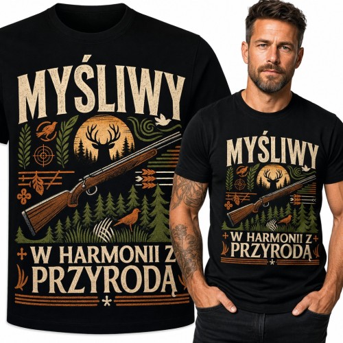 Koszulka męska „Myśliwy w harmonii z przyrodą” - jeleń i strzelba w lesie