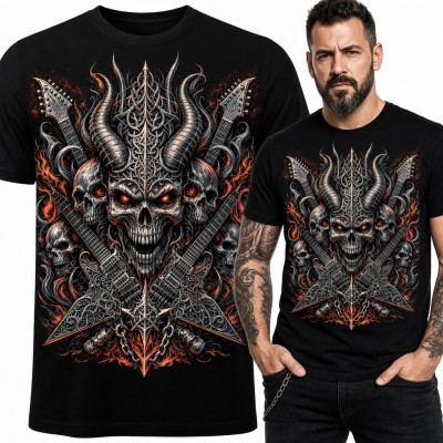 Koszulka męska metalowa - demoniczna czaszka z rogami i skrzyżowane gitary dla gitarzysty