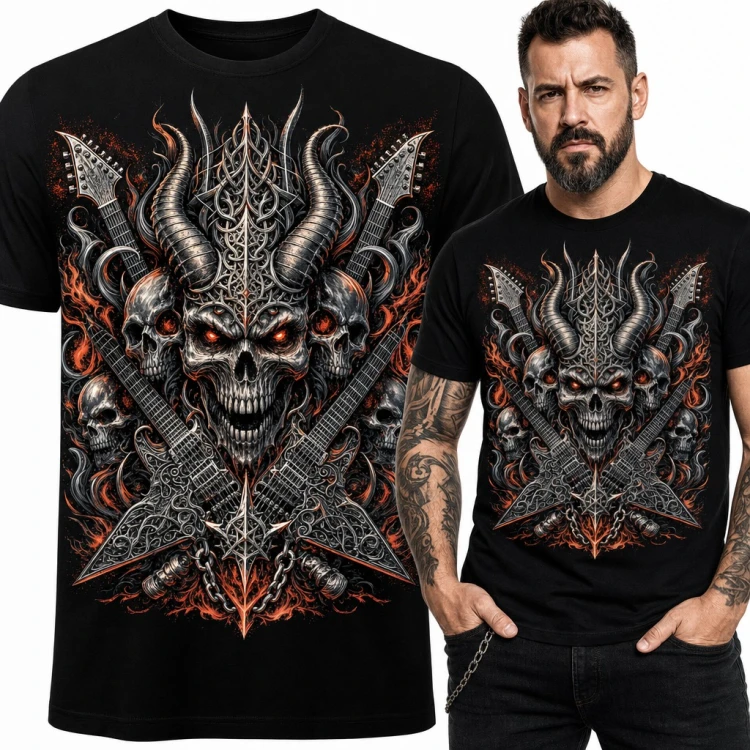 Koszulka męska metalowa - demoniczna czaszka z rogami i skrzyżowane gitary dla gitarzysty