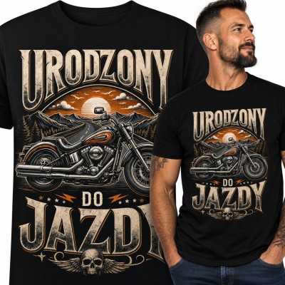 Koszulka męska „Urodzony do jazdy” - motocykl chopper na górskiej drodze dla motocyklisty