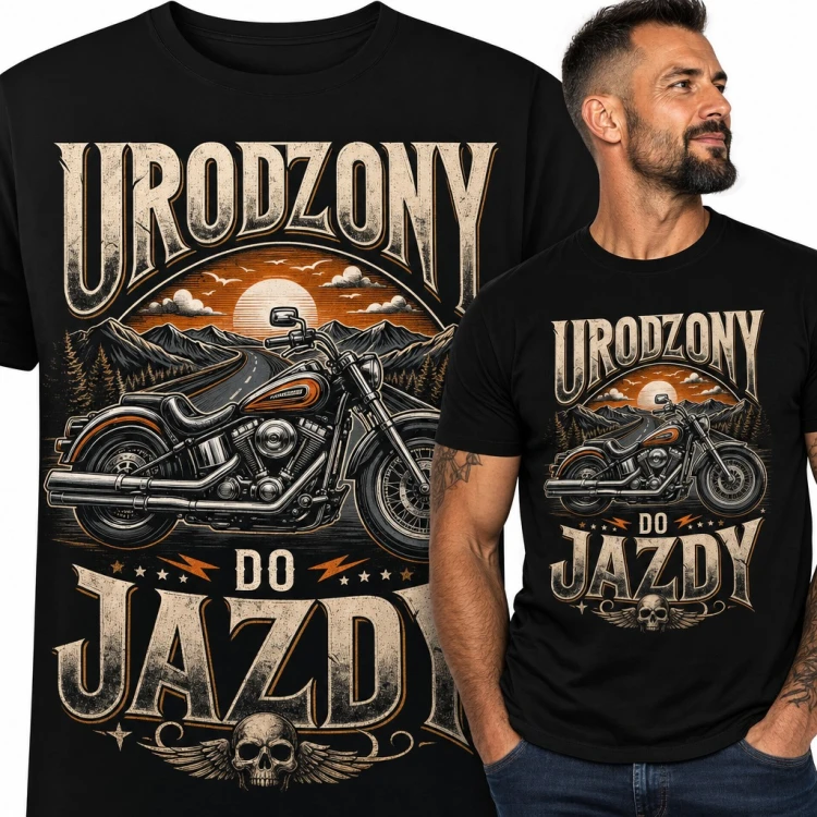 Koszulka męska „Urodzony do jazdy” - motocykl chopper na górskiej drodze dla motocyklisty