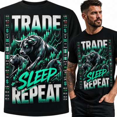 Koszulka męska „Trade Sleep Repeat” - byk i niedźwiedź giełdowy dla tradera