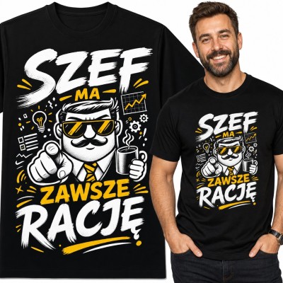 Koszulka męska „Szef ma zawsze rację” - wąsaty boss z kawą dla szefa