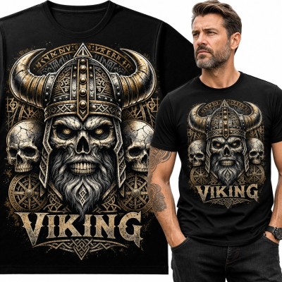 Koszulka męska „Viking” - czaszka wojownika w rogatym hełmie z runami