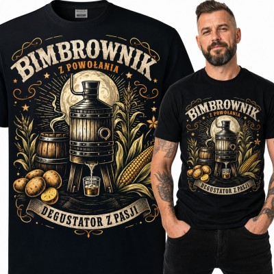 Koszulka męska „Bimbrownik z powołania, degustator z pasji” - aparatura i beczka
