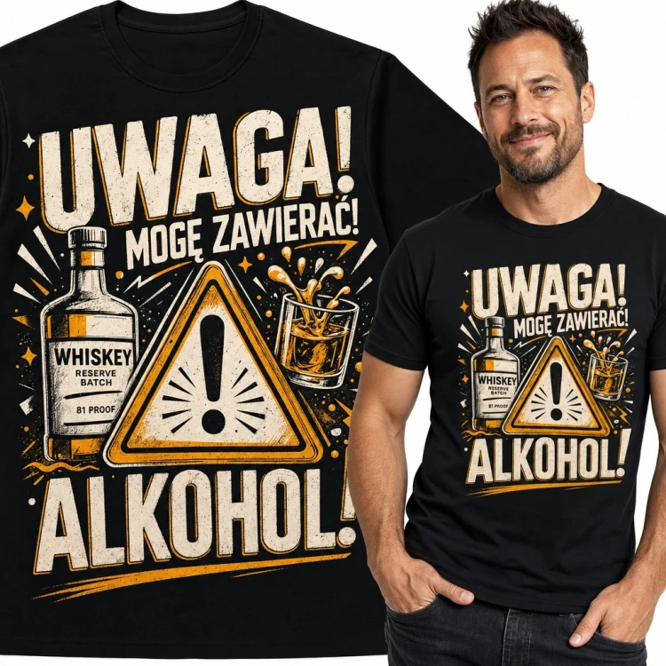 Koszulka męska „Uwaga! Mogę zawierać! Alkohol!” - znak ostrzegawczy z whiskey