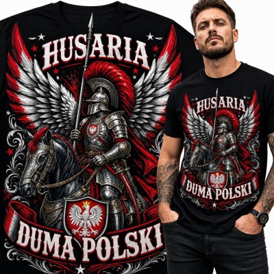 Koszulka męska „Husaria duma Polski” - skrzydlaty husarz na koniu z orłem