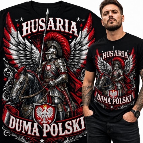 Koszulka męska „Husaria duma Polski” - skrzydlaty husarz na koniu z orłem
