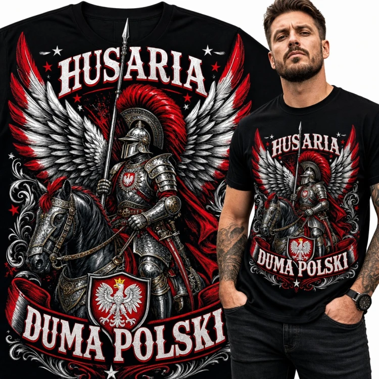 Koszulka męska „Husaria duma Polski” - skrzydlaty husarz na koniu z orłem