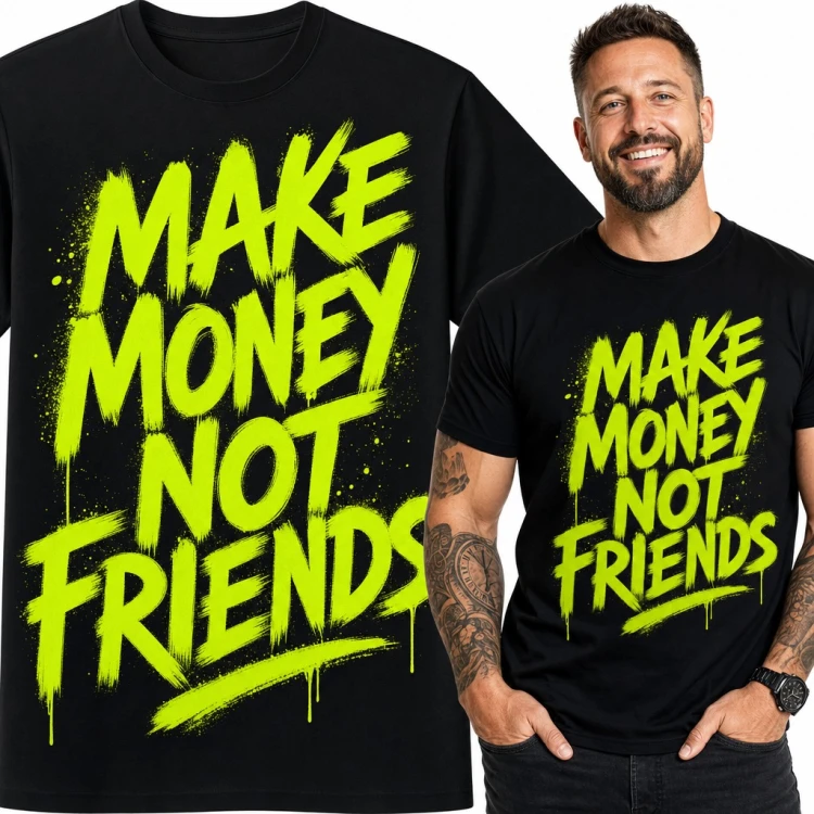 Koszulka męska graffiti z napisem „Make money not friends” - neonowa zieleń