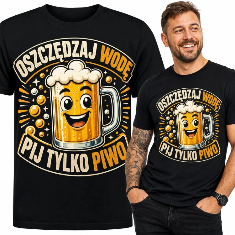 Koszulka męska z wesołym kuflem piwa „Oszczędzaj wodę, pij tylko piwo” dla piwosza