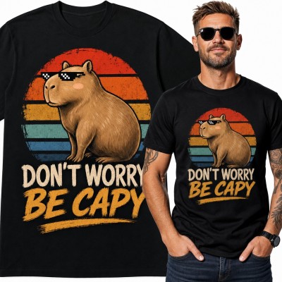 Koszulka męska z kapibarą w pikselowych okularach - „Don't worry be capy”