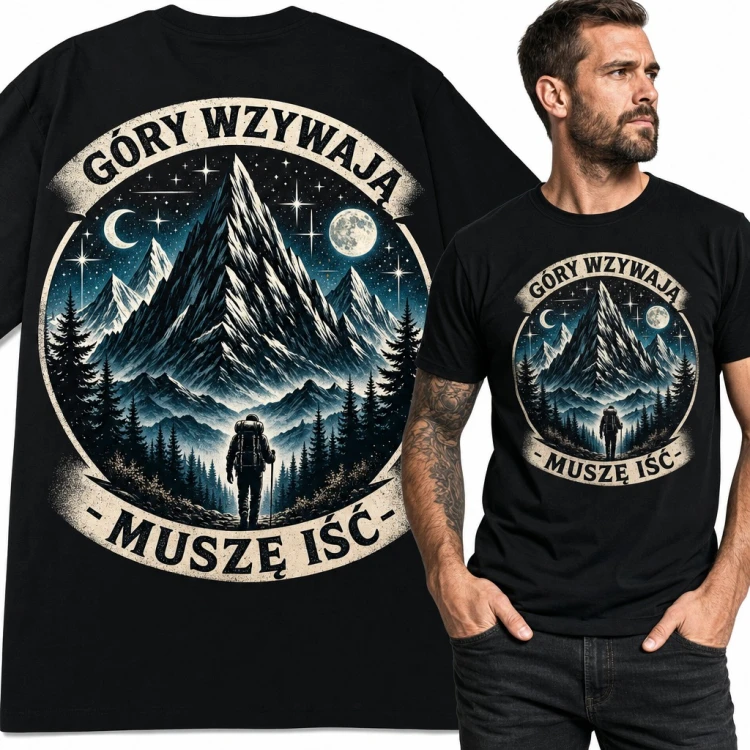 Koszulka męska „Góry wzywają - muszę iść” z turystą pod szczytem
