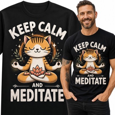 Koszulka męska z medytującym rudym kotem - „Keep calm and meditate”