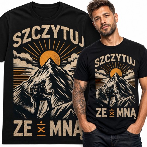 Koszulka męska „Szczytuj ze mną” - turysta górski na szczycie o wschodzie słońca