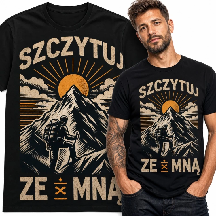 Koszulka męska „Szczytuj ze mną” - turysta górski na szczycie o wschodzie słońca