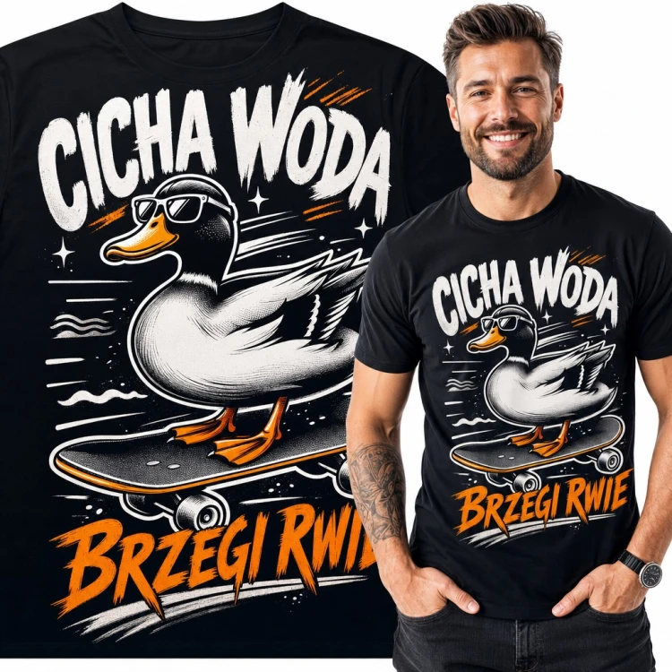 Koszulka męska z kaczką na deskorolce „Cicha woda brzegi rwie”