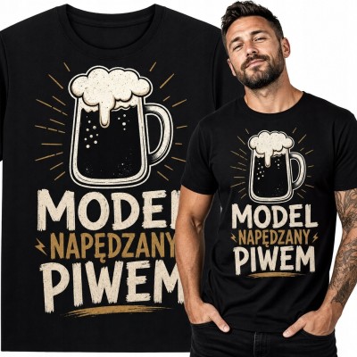 Koszulka męska z kuflem piwa „Model napędzany piwem” - humorystyczny wzór retro