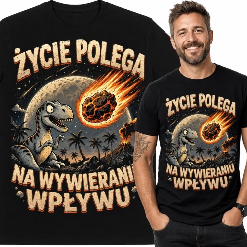 Koszulka męska z dinozaurem i meteorytem „Życie polega na wywieraniu wpływu”