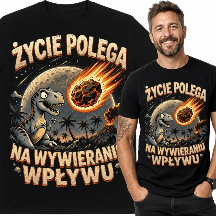 Koszulka męska z dinozaurem i meteorytem „Życie polega na wywieraniu wpływu”
