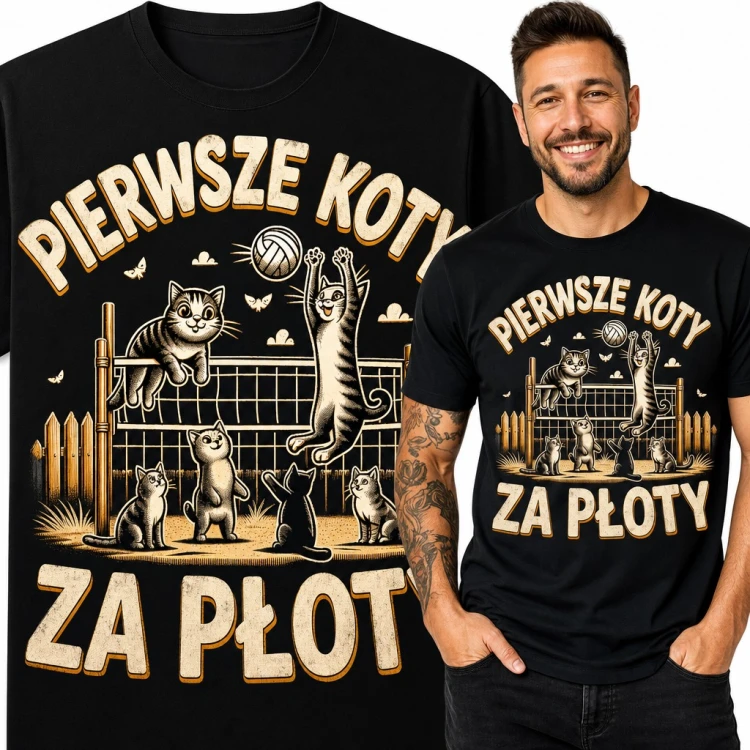 Koszulka męska „Pierwsze koty za płoty” - koty grające w siatkówkę