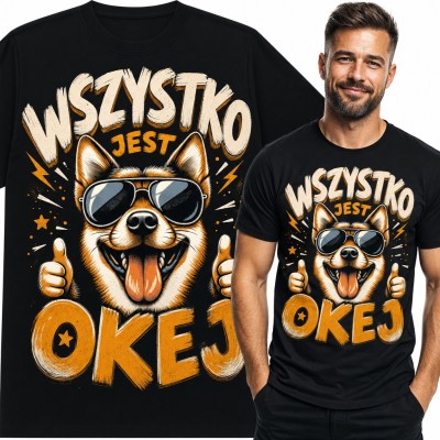Koszulka męska z psem w okularach „Wszystko jest okej”