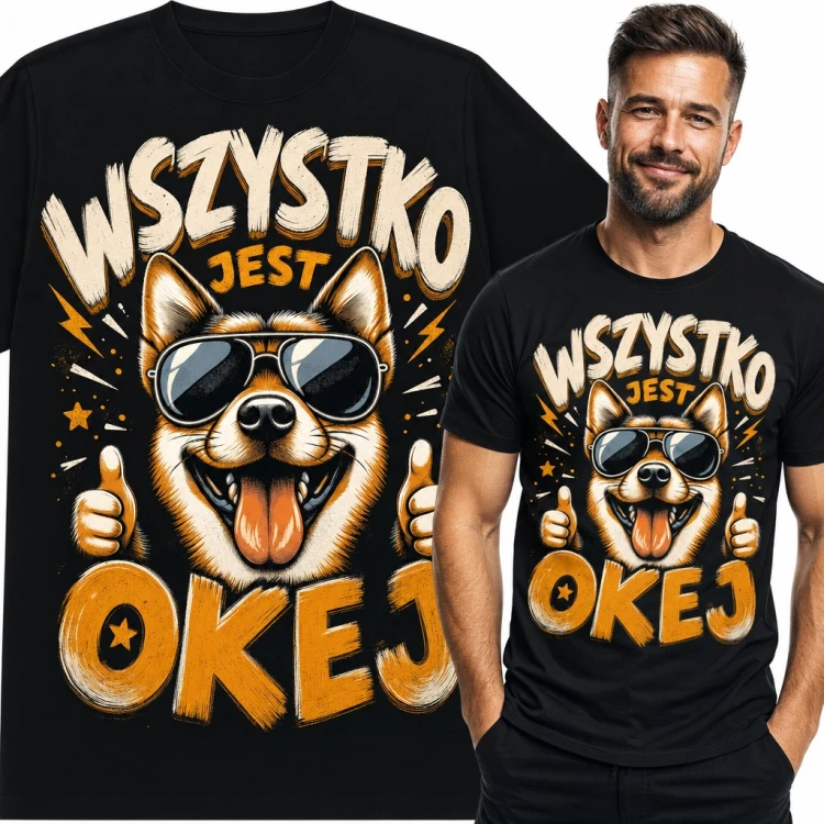 Koszulka męska z psem w okularach „Wszystko jest okej”
