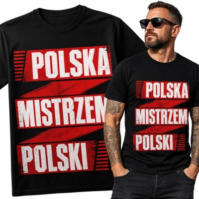 Koszulka męska „Polska mistrzem Polski” - kibicowski napis w biało-czerwonych pasach
