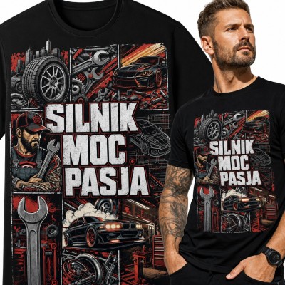 Koszulka męska mechanik samochodowy „Silnik moc pasja” - warsztat, auta i klucze