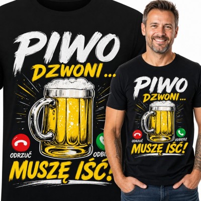 Koszulka męska z kuflem piwa jako połączeniem „Piwo dzwoni... Muszę iść!”