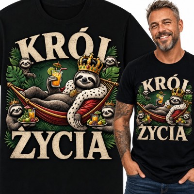 Koszulka męska „Król życia” - leniwiec w koronie na hamaku z drinkiem