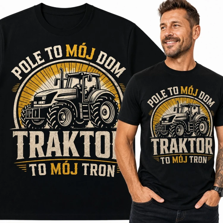 Koszulka męska z traktorem dla rolnika „Pole to mój dom, traktor to mój tron”