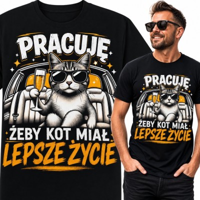 Koszulka męska z kotem w okularach i szampanem „Pracuję żeby kot miał lepsze życie”