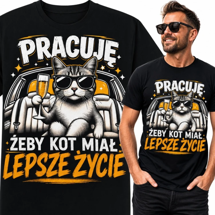 Koszulka męska z kotem w okularach i szampanem „Pracuję żeby kot miał lepsze życie”