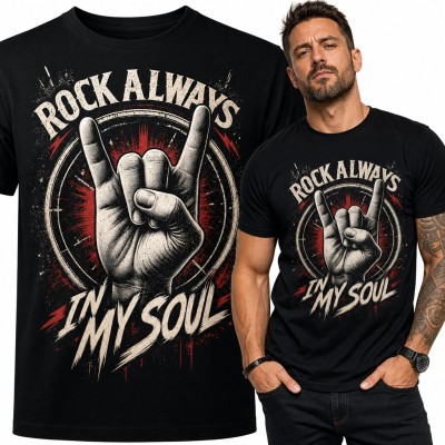 Koszulka męska rockowa z dłonią w geście rogów „Rock always in my soul”