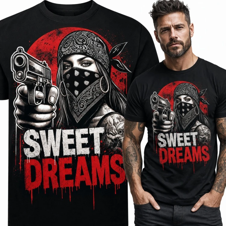 Koszulka męska „Sweet Dreams” - gangsterka w bandanie z pistoletem