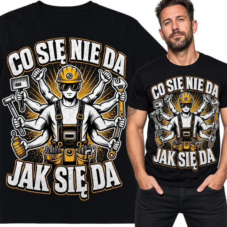 Koszulka męska „Co się nie da, jak się da” - wieloręki majster z narzędziami