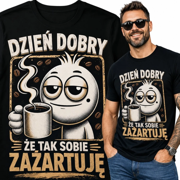 Koszulka męska „Dzień dobry, że tak sobie zażartuję” - zaspany kawosz z kubkiem