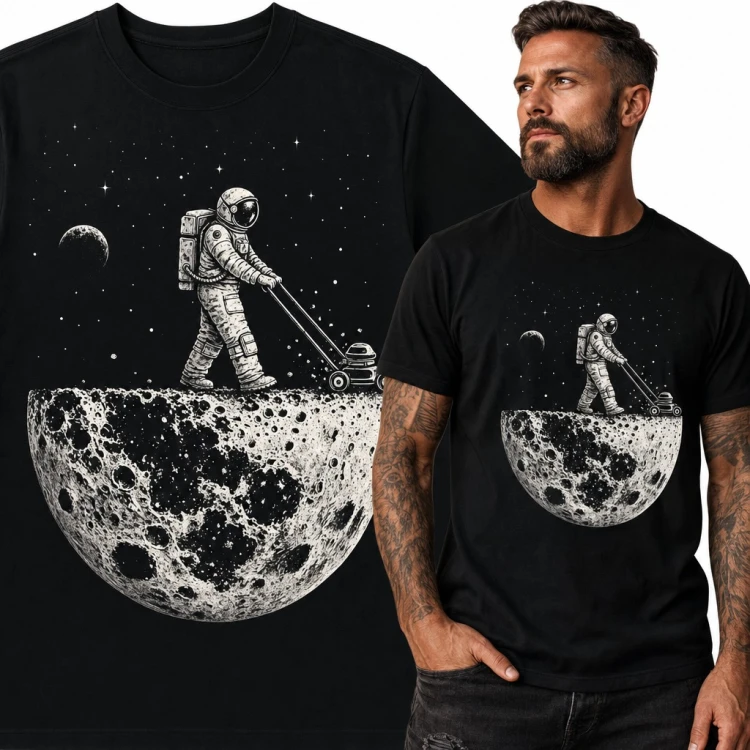 Koszulka męska z astronautą koszącym Księżyc kosiarką