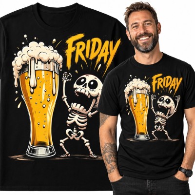 Koszulka męska „Friday” - szkielet z kuflem piwa dla piwosza