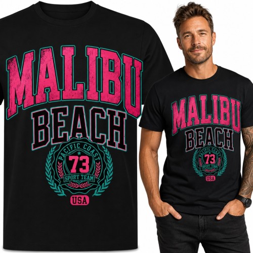 Koszulka męska „Malibu Beach” - emblemat Pacific Coast 73 w stylu college
