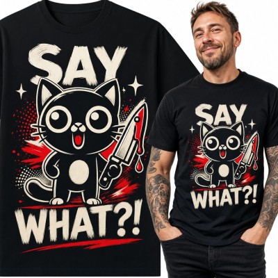 Koszulka męska z czarnym kotem z nożem - „Say What?!”